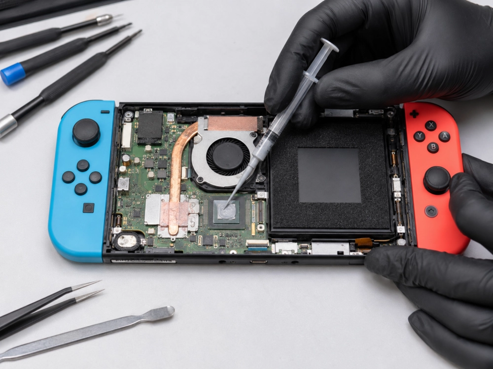 Técnico cambiando pasta términa de nintendo switch