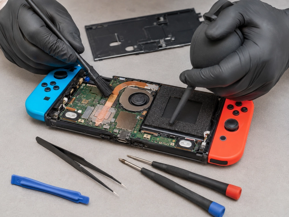 Técnico limpiando nintendo switch