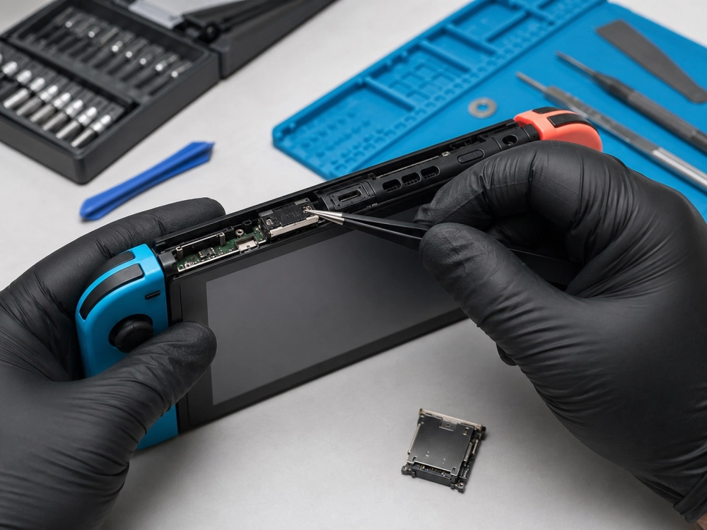 Técnico reparando el lector juegos de Nintendo Switch