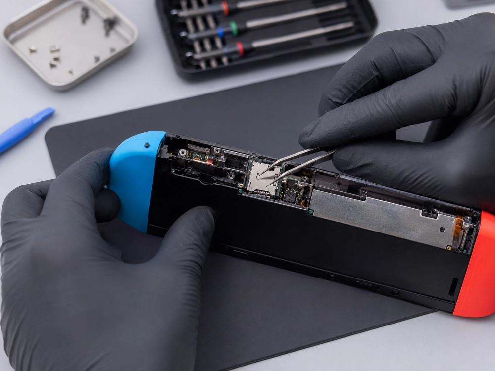 Técnico reparando lector microSD Nintendo Switch